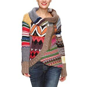 Desigual Women's Multicolor Patchwork Geometric Knit Zip-Up Cardigan Sweater